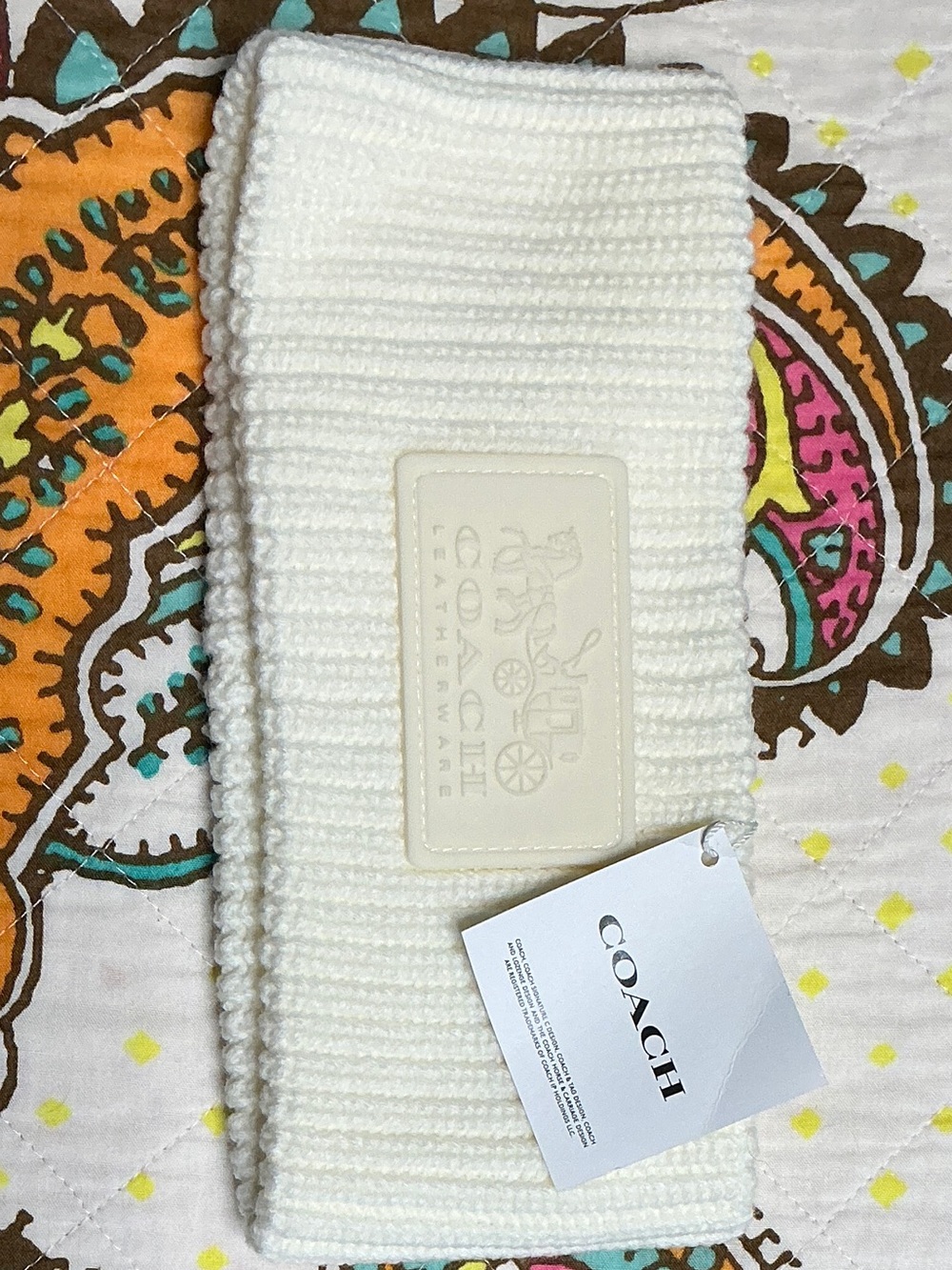 Coach  Cream Ribbed Knit Headband with Logo Patch